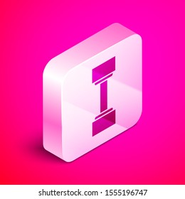 Isometric Dumbbell icon isolated on pink background. Muscle lifting icon, fitness barbell, gym icon, sports equipment symbol, exercise bumbbell. Silver square button. Vector Illustration