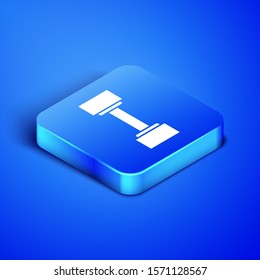 Isometric Dumbbell icon isolated on blue background. Muscle lifting icon, fitness barbell, gym icon, sports equipment symbol, exercise bumbbell. Blue square button. Vector Illustration