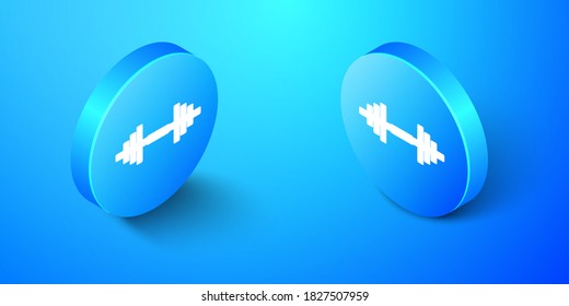 Isometric Dumbbell icono aislado en fondo azul. Icono de levantamiento muscular, barbacoa de fitness, icono de gimnasio, símbolo de equipamiento deportivo, campana de ejercicio. Botón de círculo azul. Vector.