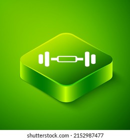 Isometric Dumbbell icon isolated on green background. Muscle lifting, fitness barbell, sports equipment. Green square button. Vector