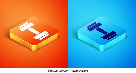 Isometric Dumbbell icon isolated on orange and blue background. Muscle lifting icon, fitness barbell, gym, sports equipment, exercise bumbbell.  Vector