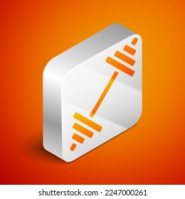 Isometric Dumbbell icon isolated on orange background. Muscle lifting icon, fitness barbell, gym, sports equipment, exercise bumbbell. Silver square button. Vector