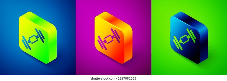 Isometric Dumbbell icon isolated on blue, purple and green background. Muscle lifting, fitness barbell, sports equipment. Square button. Vector