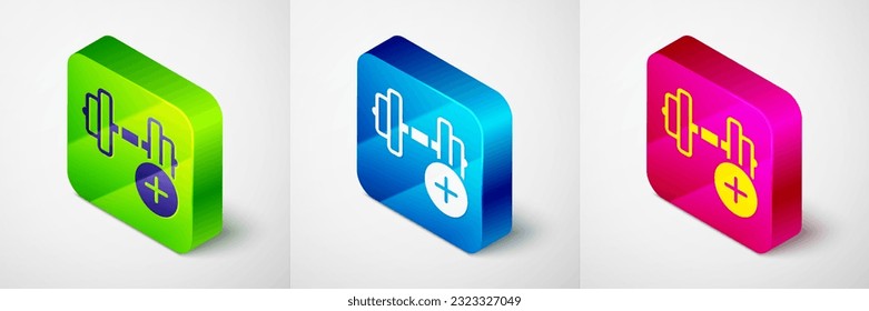 Isometric Dumbbell icon isolated on grey background. Muscle lifting, fitness barbell, sports equipment. Square button. Vector