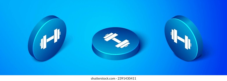 Isometric Dumbbell icon isolated on blue background. Muscle lifting icon, fitness barbell, gym, sports equipment, exercise bumbbell. Blue circle button. Vector