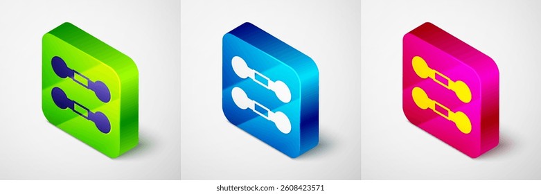 Isometric Dumbbell icon isolated on grey background. Muscle lifting, fitness barbell, sports equipment. Square button. Vector