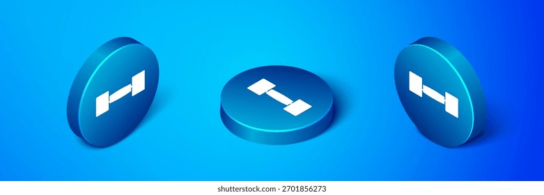 Ícone de Dumbbell isométrico isolado no fundo azul. Ícone de levantamento muscular, ginásio, equipamento de esportes, bumbbell exercício. Botão de círculo azul. Vetor