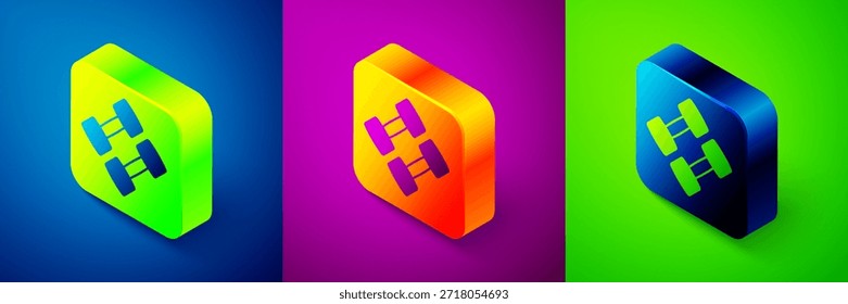 Isometrisches Hantel-Symbol einzeln auf blauem, violettem und grünem Hintergrund. Muskelaufbau, Fitness-Langhantel, Sportgeräte. Quadratischer Knopf. Vektorgrafik