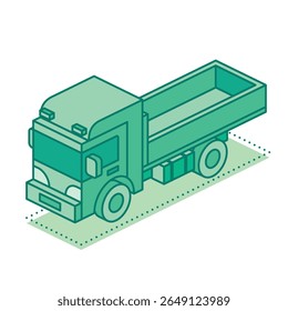 Isometric dump truck. Heavy vehicle for construction, transportation of materials, and industrial logistics. Vector illustration. Transport isolated on white.