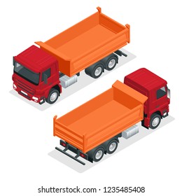Isometric Dump Truck vector illustration. Isolated on white Hydraulic tipper trailer, coal mine dumper, construction truck vector, construction lorry, orange construction machinery.