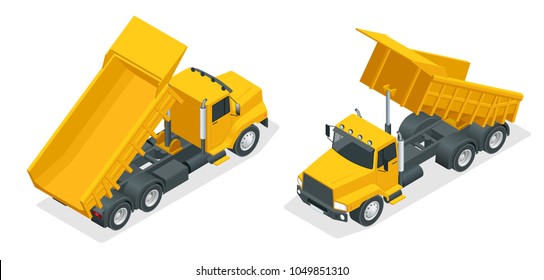 Isometric dumper truck, excavator, dump truck isolated.