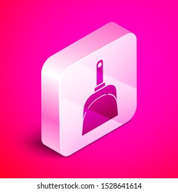 Isometric Dustpan icon isolated on pink background. Cleaning scoop services. Silver square button. Vector Illustration