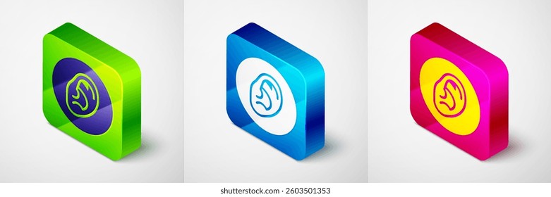Isometric Ear listen sound signal icon isolated on grey background. Ear hearing. Square button. Vector