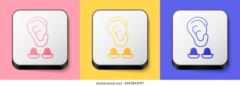 Isometric Earplugs and ear icon isolated on pink, yellow and blue background. Ear plug sign. Noise symbol. Sleeping quality concept. Square button. Vector