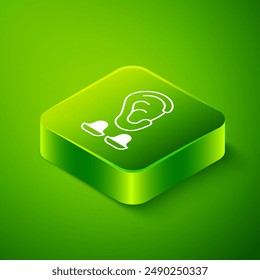 Isometric Earplugs and ear icon isolated on green background. Ear plug sign. Noise symbol. Sleeping quality concept. Green square button. Vector