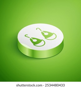 Isometric Earrings icon isolated on green background. Jewelry accessories. White circle button. Vector