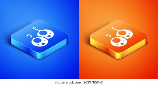 Isometric Earrings icon isolated on blue and orange background. Jewelry accessories. Square button. Vector