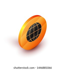 Isometric Earth globe icon isolated on white background. World or Earth sign. Global internet symbol. Geometric shapes. Orange circle button. Vector Illustration