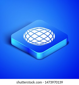Isometric Earth globe icon isolated on blue background. World or Earth sign. Global internet symbol. Geometric shapes. Blue square button. Vector Illustration