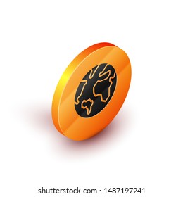 Isometric Earth globe icon isolated on white background. World or Earth sign. Global internet symbol. Geometric shapes. Orange circle button. Vector Illustration