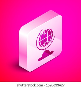 Isometric Earth globe icon isolated on pink background. Silver square button. Vector Illustration