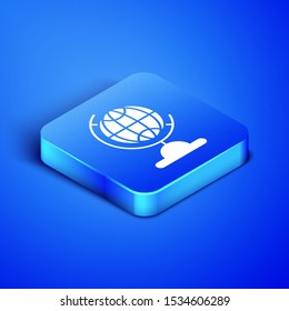 Isometric Earth globe icon isolated on blue background. Blue square button. Vector Illustration
