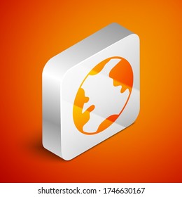 Isometric Earth globe icon isolated on orange background. World or Earth sign. Global internet symbol. Geometric shapes. Silver square button. Vector Illustration