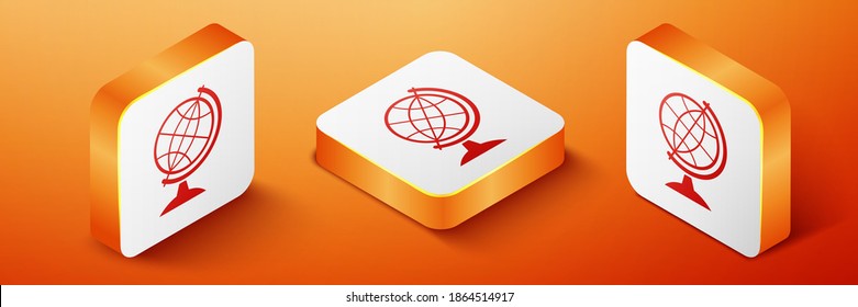 Isometrisches Earth-Globus-Symbol einzeln auf orangefarbenem Hintergrund. Orangefarbene Quadrat-Taste. Vektorgrafik.