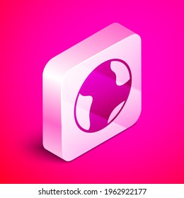 Isometric Earth globe icon isolated on pink background. World or Earth sign. Global internet symbol. Geometric shapes. Silver square button. Vector