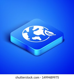 Isometric Earth globe and leaf icon isolated on blue background. World or Earth sign. Geometric shapes. Environmental concept. Blue square button. Vector Illustration