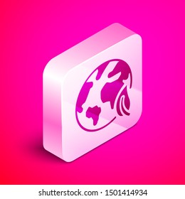 Isometric Earth globe and leaf icon isolated on pink background. World or Earth sign. Geometric shapes. Environmental concept. Silver square button. Vector Illustration