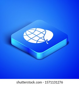 Isometric Earth globe and leaf icon isolated on blue background. World or Earth sign. Geometric shapes. Environmental concept. Blue square button. Vector Illustration