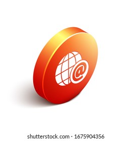 Isometric Earth globe with mail and e-mail icon isolated on white background. Envelope symbol e-mail. Email message sign. Orange circle button. Vector Illustration