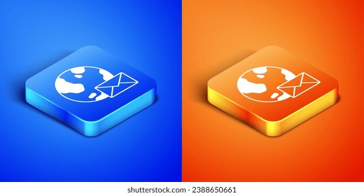 Isometric Earth globe with mail and e-mail icon isolated on blue and orange background. Envelope symbol e-mail. Email message sign. Square button. Vector