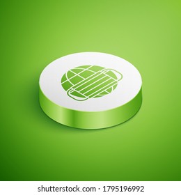 Isometric Earth globe with medical mask icon isolated on green background. White circle button. Vector.