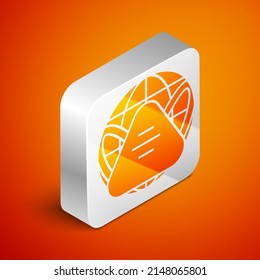 Isometric Earth globe with medical mask icon isolated on orange background. Silver square button. Vector