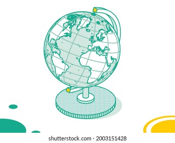 Isometric Earth Globe Model Isolated on White Background. Vector Illustration. Outline Geographical Object with Lands, Oceans and Seas.