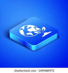 Isometric Earth globe and plant icon isolated on blue background. World or Earth sign. Geometric shapes. Environmental concept. Blue square button. Vector Illustration