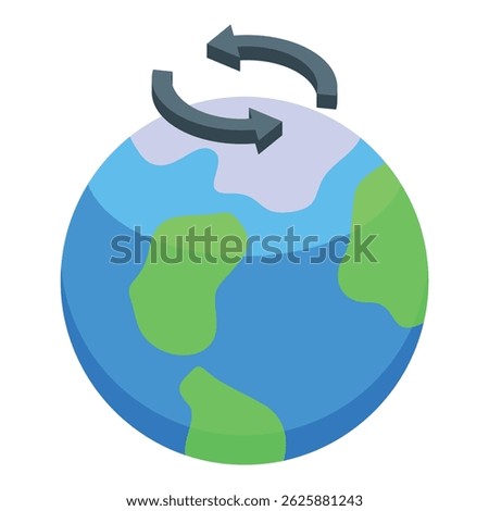 Isometric earth globe rotating with arrows, representing global exchange, international trade, and interconnectedness