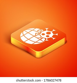 Isometric Earth globe with virus icon isolated on orange background. Corona virus 2019-nCoV. Bacteria and germs, cell cancer, microbe, fungi. Vector.