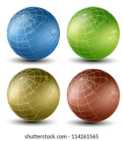 Isometric earth globes set different colors on a white background