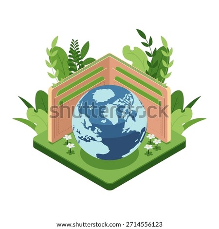 Isometric Earth Inside an Open Wallet with Plants and Flowers. Sustainable Spending and Financial Concept