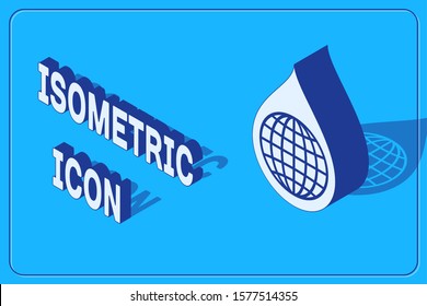 Isometric Earth planet in water drop icon isolated on blue background. World globe and water drop. Saving water and world environmental protection.  Vector Illustration