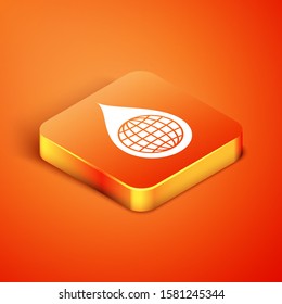 Isometric Earth planet in water drop icon isolated on orange background. World globe and water drop. Saving water and world environmental protection.  Vector Illustration