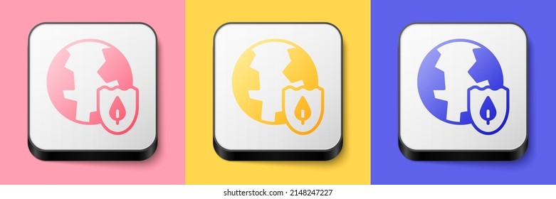 Tierra isométrica con icono de escudo aislado en fondo rosa, amarillo y azul. Concepto de seguro. Seguridad, seguridad, protección, concepto de privacidad. Botón cuadrado. Vector