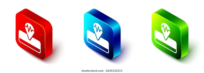 Isometric Earthquake icon isolated on white background. Red, blue and green square button. Vector
