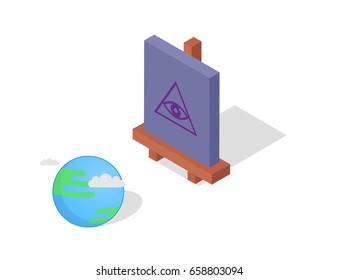 Isometric easel vector illustration: conspiracy