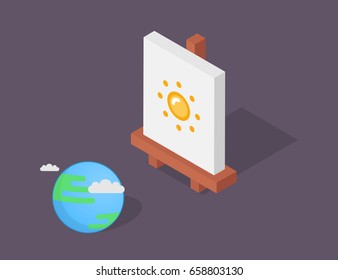 Isometric easel vector illustration: global warming