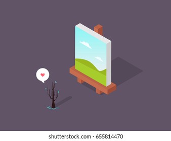 Isometric easel and winter tree