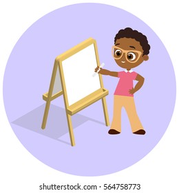 Isometric easel. Young african american boy with glasses Drawing Whiteboard. Paint desk and white paper isolated on white background. Vector illustration eps 10